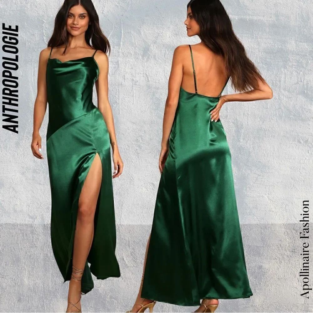 ANTHROPOLOGIE BY LULUS CAROLINE COWL NECK MAXI DRESS IN EMERALD GREEN SATIN XL